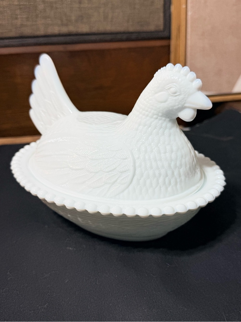 Vintage Indiana Glass Milk Glass Hen on Nest 2pcs Beaded Edge